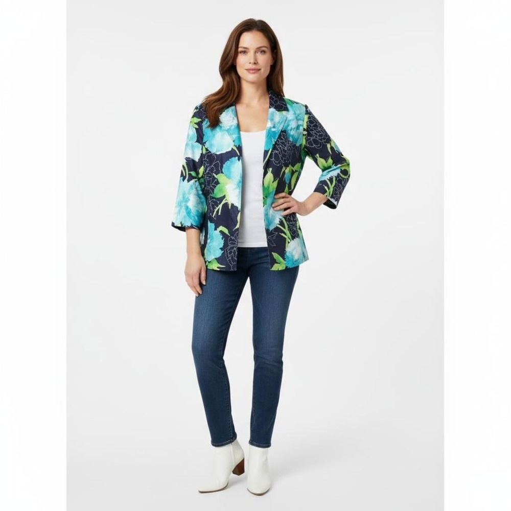 Susan Graver Jacket Womens Size 1X Blue Green Floral Print Open Front 3/4 Sleeve